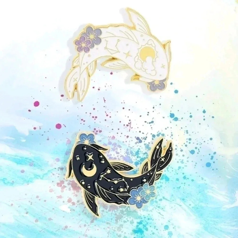 Cute white black fish yin yang moon crescent floral Chinese symbol enamel pin se